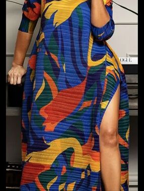 Vibrant Abstract Maxi Dress with Side Slit - Multi